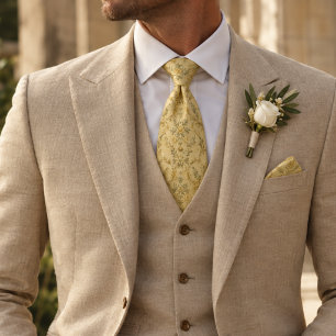 Butter Yellow Gold Rose Vine Floral Damask Tie