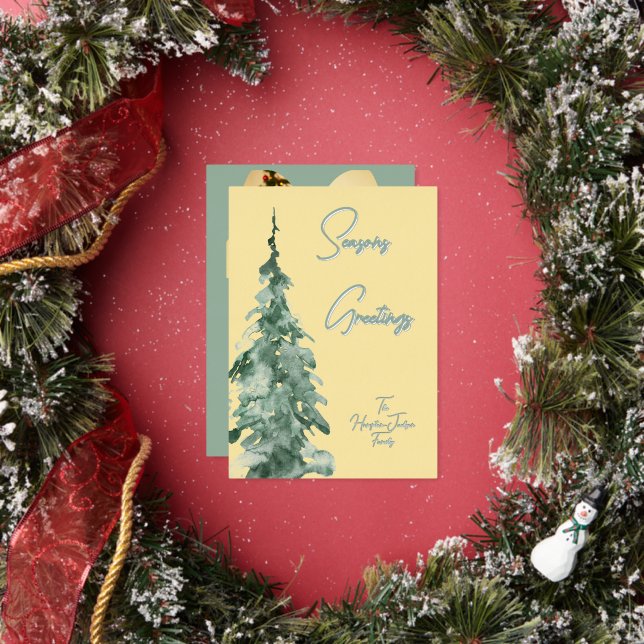 Butter yellow & Green Watercolor Christmas Tree Foil Holiday Card (Insitu)