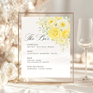Butter Yellow Ivory Floral Wedding Bar Menu Pedestal Sign