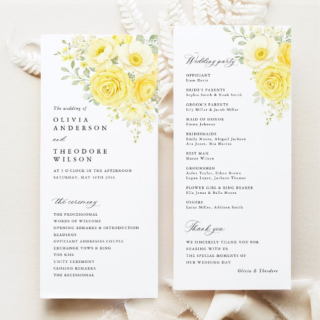 Butter Yellow Ivory Floral Wedding Ceremony Programme (butter yellow ivory floral wedding program card, ceremony program front and back, elegant stationery)