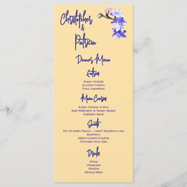 Butter Yellow & Lilac Sun Orchid Wedding Menu (Front)
