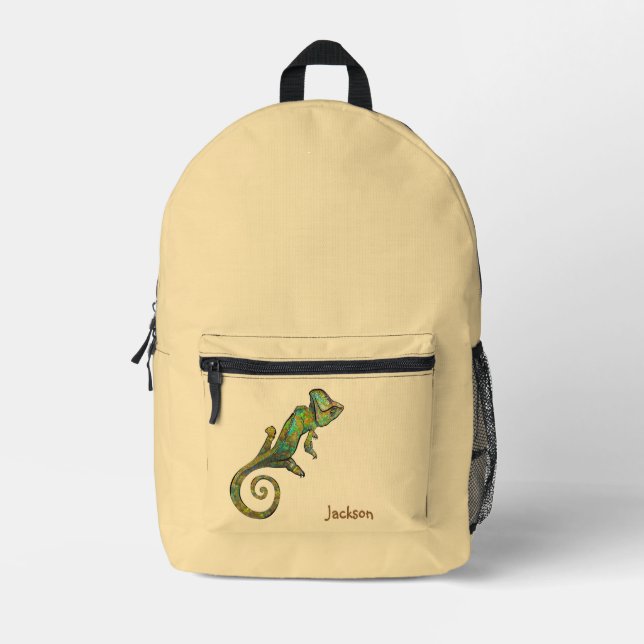 Butter Yellow Multi-coloured Patterned Lizard Printed Backpack (Front)