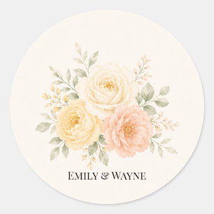 Butter Yellow Peach & Ivory Floral Wedding  Classic Round Sticker