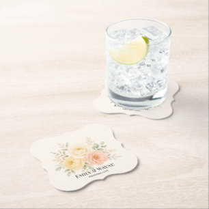 Butter Yellow Peach & Ivory Floral Wedding  Paper Coaster