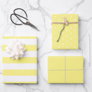 Butter Yellow Polka Dot Wide Striped and Solid Wrapping Paper Sheet