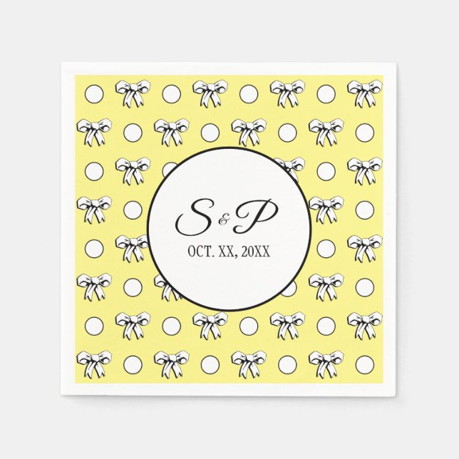 Butter Yellow Polka Dots White Bows Personalised Napkin (Front)