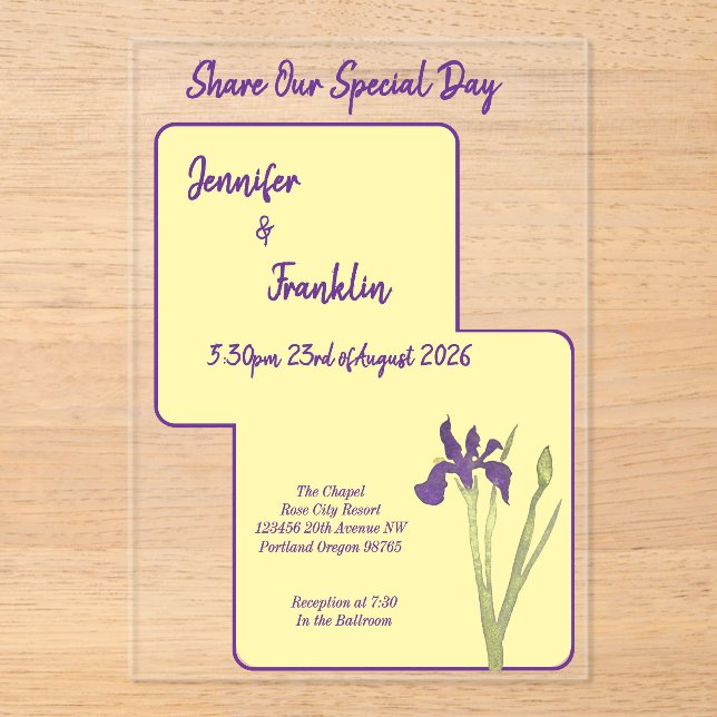 Butter Yellow & Purple Iris Watercolor Wedding Acrylic Invitations (Front)