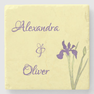 Butter Yellow & Purple Iris Watercolor Wedding Stone Coaster