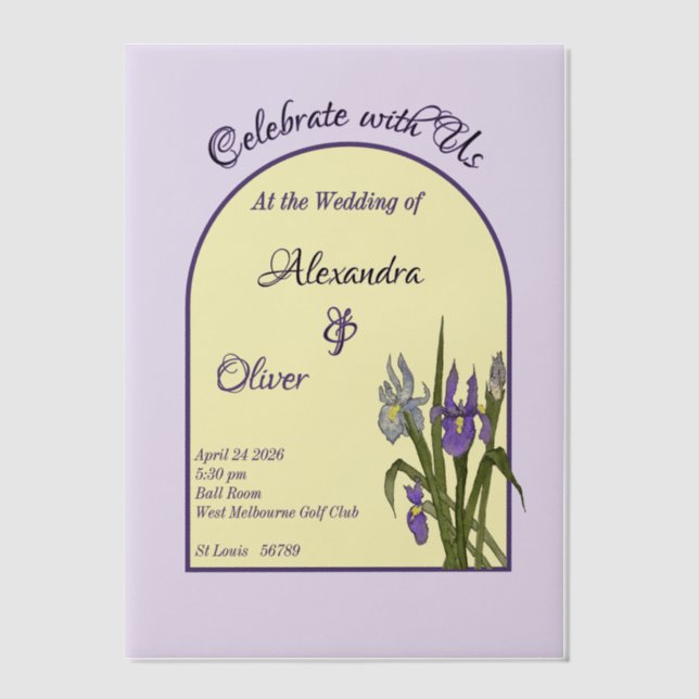 Butter Yellow & Purple Iris Watercolor Wedding Vellum Invitations (Front)