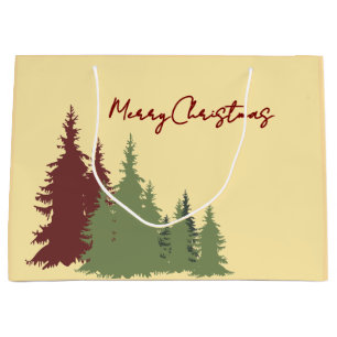 Butter Yellow Red & Green Pine Tree Christmas- Large Gift Bag