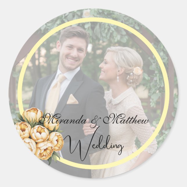Butter-Yellow Rose Bouquet Wedding Photo Classic Round Sticker (Front)