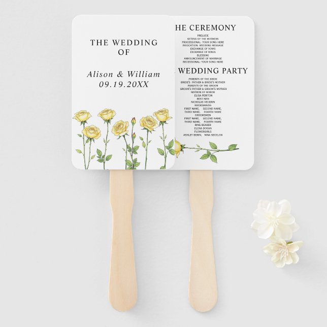 Butter yellow rose flowers floral wedding program hand fan (Front and Back)