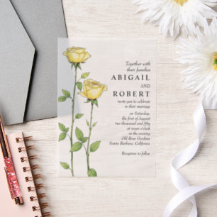 Butter yellow rose flowers romantic floral wedding vellum invitations
