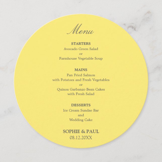 Butter Yellow Round Wedding Menu (Front)