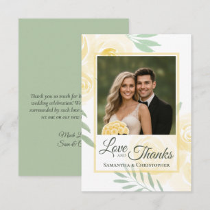 Butter Yellow & Sage Roses Photo & Note Wedding Thank You Card