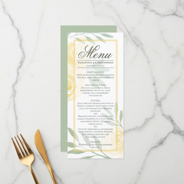 Butter Yellow & Sage Watercolor Roses Boho Wedding Menu (Front/Back In Situ)