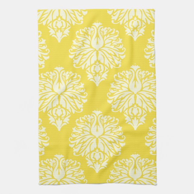 Butter Yellow Southern Cottage Damask Tea Towel (Vertical)