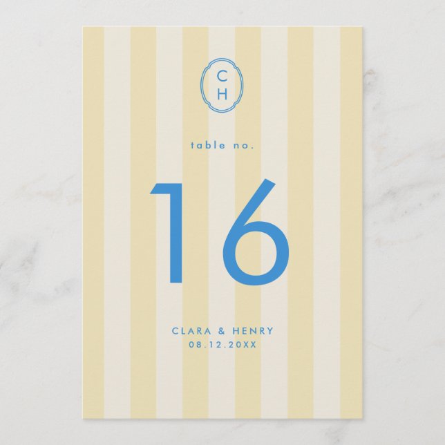 Butter Yellow Striped Monogram Table Number (Front)
