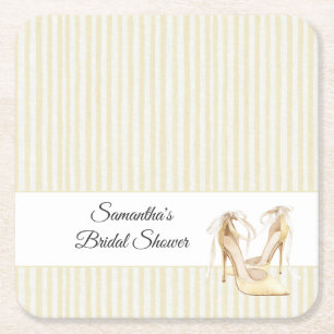 Butter Yellow Stripes High Heels Bridal Shower   Square Paper Coaster
