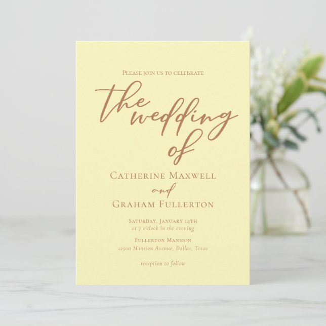 Butter Yellow Typography Minimalist Wedding Invitation (Standing Front)