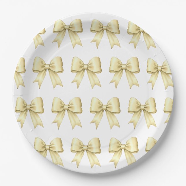 Butter Yellow Vintage Satin Bow Pattern Paper Plate (Front)