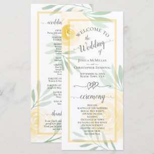 Butter Yellow Watercolor Roses Elegant Wedding Programme