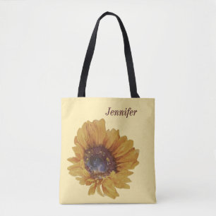 Butter Yellow watercolor Sunflower Named Tote Bag