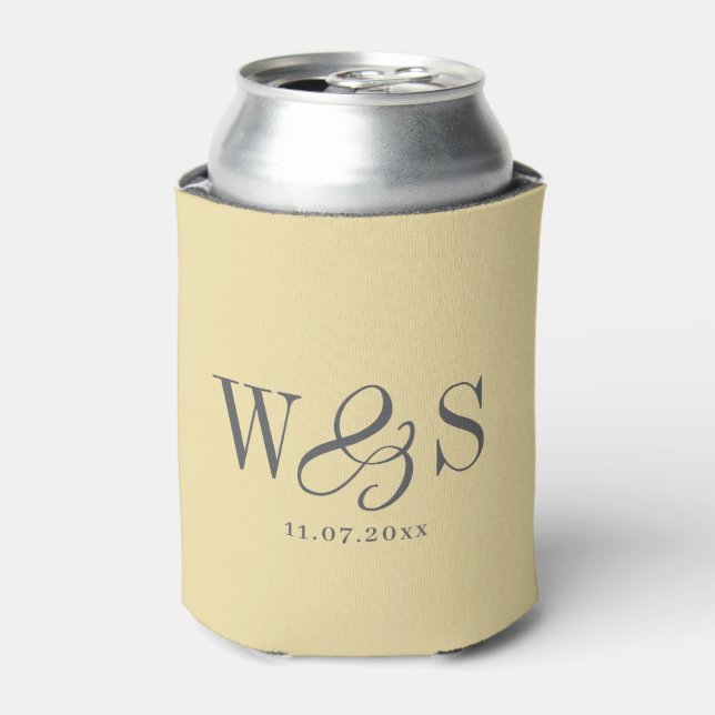 Butter Yellow Wedding Couples Initials Can Cooler (Can Front)