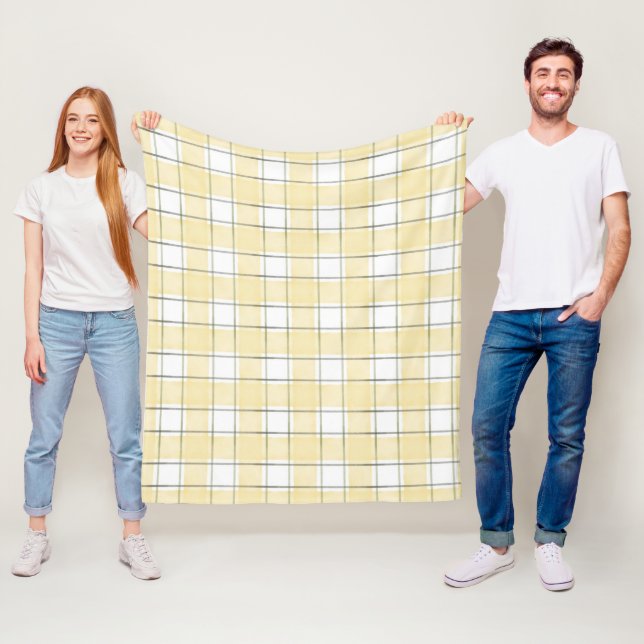 Butter Yellow White Plaid Stripes Birthday Fleece Blanket (In Situ)
