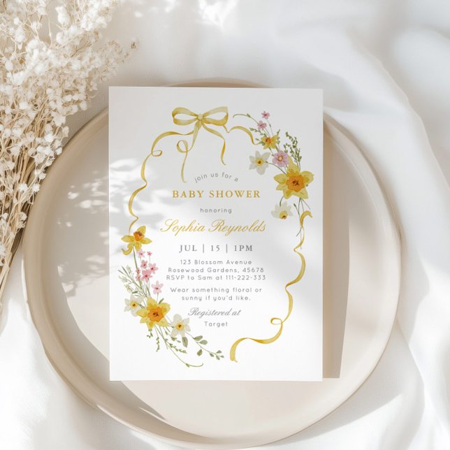 Butter Yellow Wildflower Coquette bow Baby shower Invitation (Creator Uploaded)