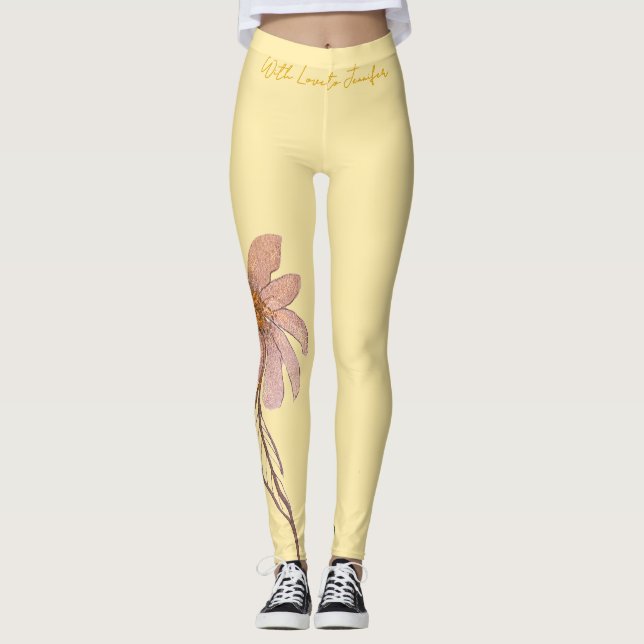 Butter Yellow with a Glitter Flower Leggings (Front)