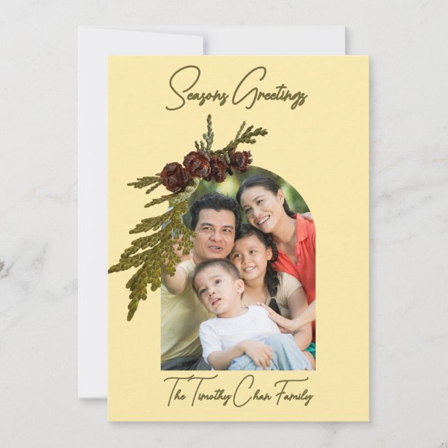 Butter Yellow with Ferns & Cones Seasons Greetings Holiday Card (Front)