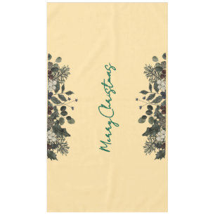 Butter Yellow with Green Floral Merry Christmas Tablecloth