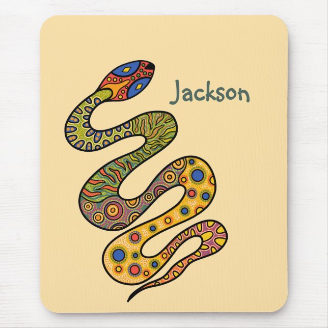 Butter Yellow with Multi-coloured Patterned Snake Mouse Mat (Front)