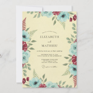 Buttercream Crimson Teal Eucalyptus Wedding Invitation