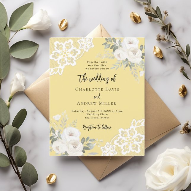 Buttercream yellow white lace wedding invitation (Creator Uploaded)