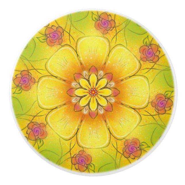 Buttercup and Roses Ceramic Cabinet Knob (Front)