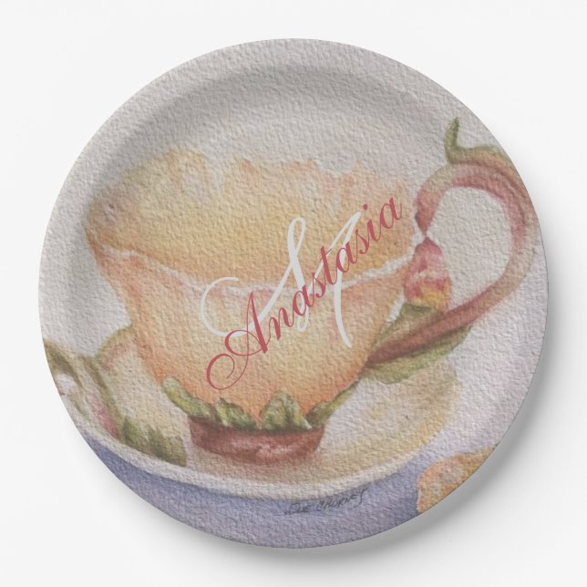 BUTTERCUP TEACUP MONOGRAM PARTY PAPER PLATE (Front)
