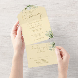 Buttercup Yellow And Gold Floral Monogram Wedding All In One Invitation