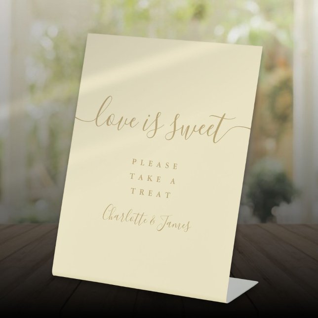 Buttercup Yellow and Gold Love Is Sweet Favour Pedestal Sign (Buttercup Yellow and Gold Love Is Sweet Favor Pedestal Sign)
