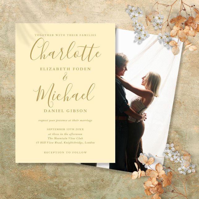 Buttercup Yellow And Gold Script Photo Wedding Invitation (Buttercup Yellow And Gold Script Photo Wedding Invitation)