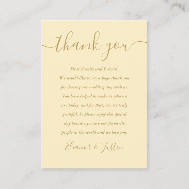 Buttercup Yellow And Gold Script Wedding Thank You Place Card (Front)
