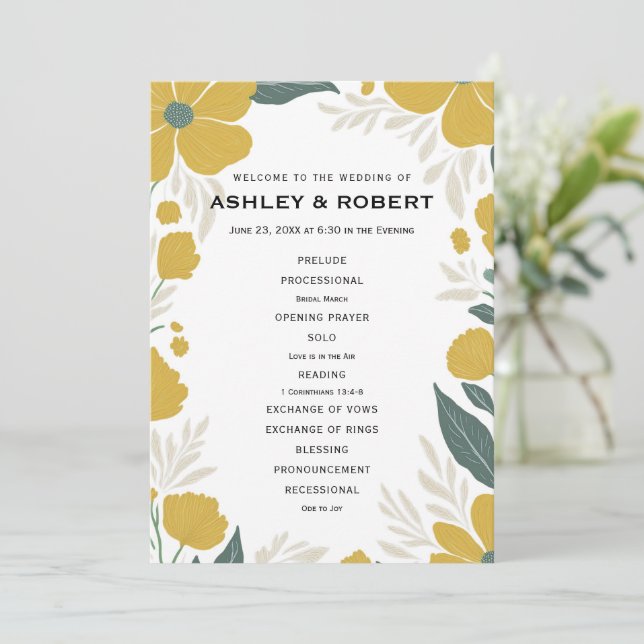 Buttercup Yellow Floral Modern Wedding Ceremony Programme (Standing Front)