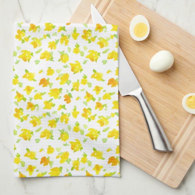 Buttercup Yellow Flowers Watercolor Floral Art Tea Towel (Quarter Fold)