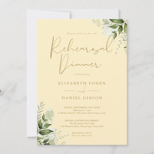 Buttercup Yellow Greenery Floral Rehearsal Dinner Invitation (Front)