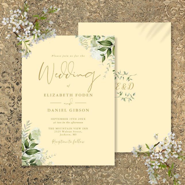 Buttercup Yellow Greenery Monogram Wedding Invitation (Buttercup Yellow Greenery Monogram Wedding Invitation)