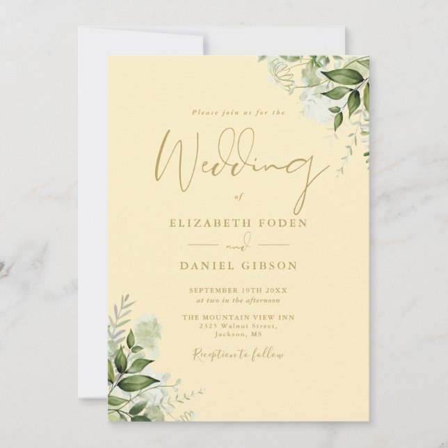 Buttercup Yellow Greenery Monogram Wedding Invitation (Front)