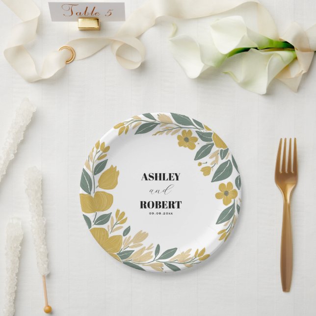 Buttercup Yellow Modern Floral Wedding Paper Plate (Wedding)