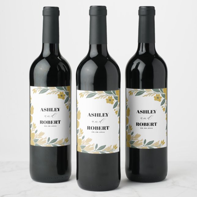 Buttercup Yellow Modern Floral Wedding Wine Label (Bottles)