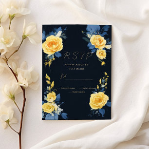 Buttercup yellow navy blue boho floral RSVP  Invitation